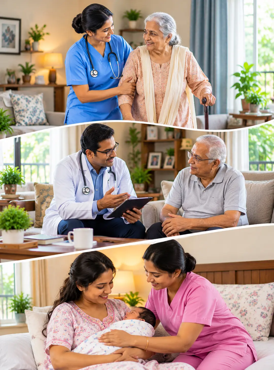 Nursing assistant supporting an elderly person at home