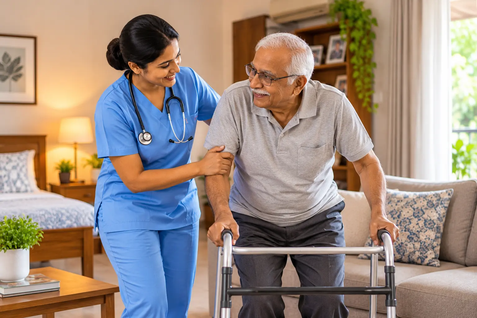 Home nurse assisting an elderly patient