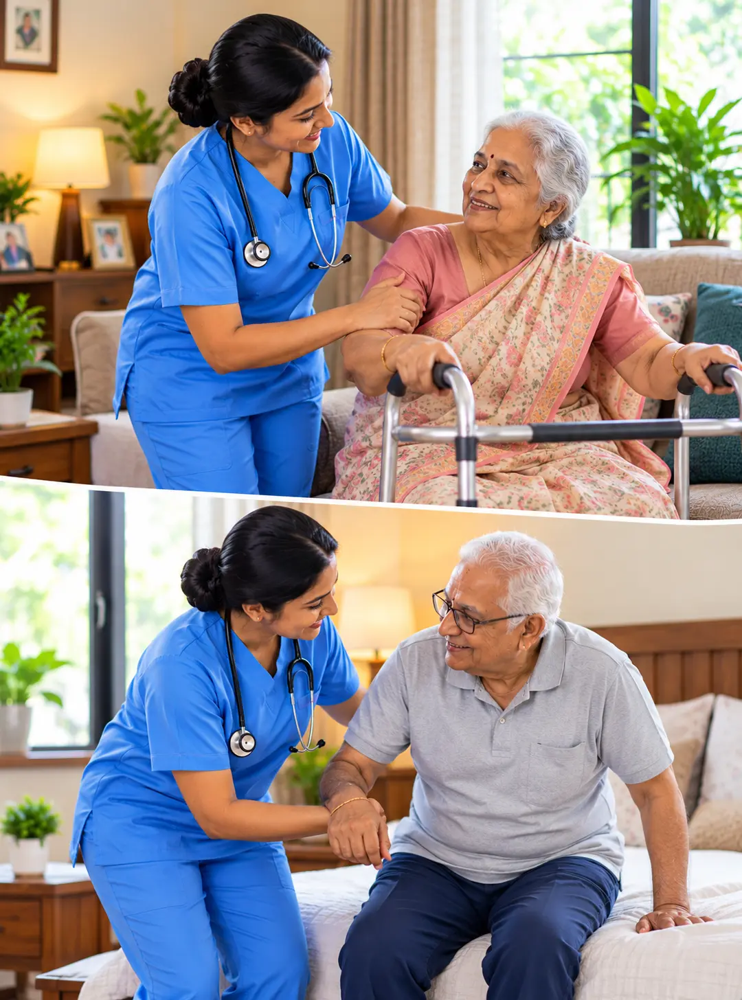 Home nursing professional assisting an elderly patient