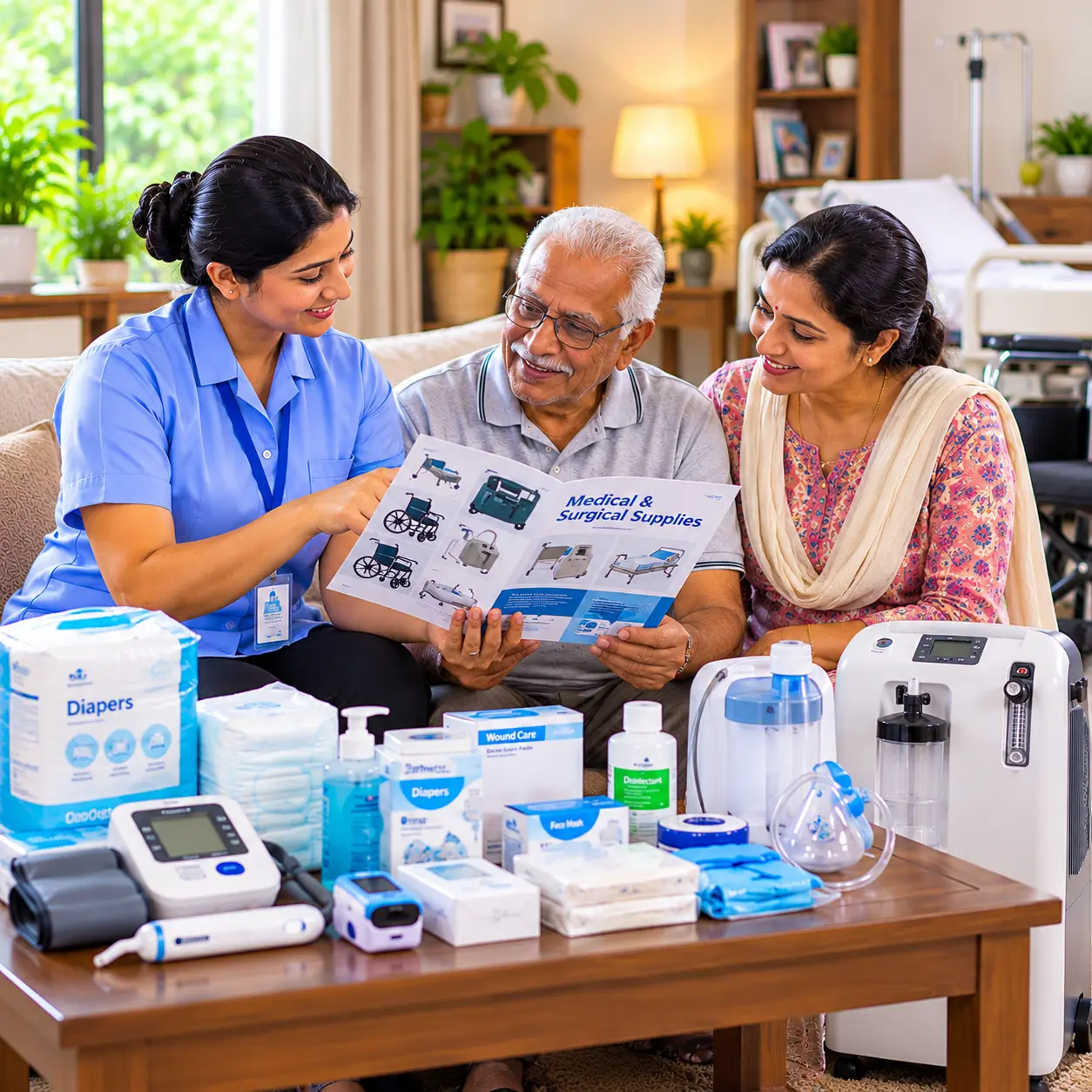 Medical and surgical supplies arranged for home healthcare