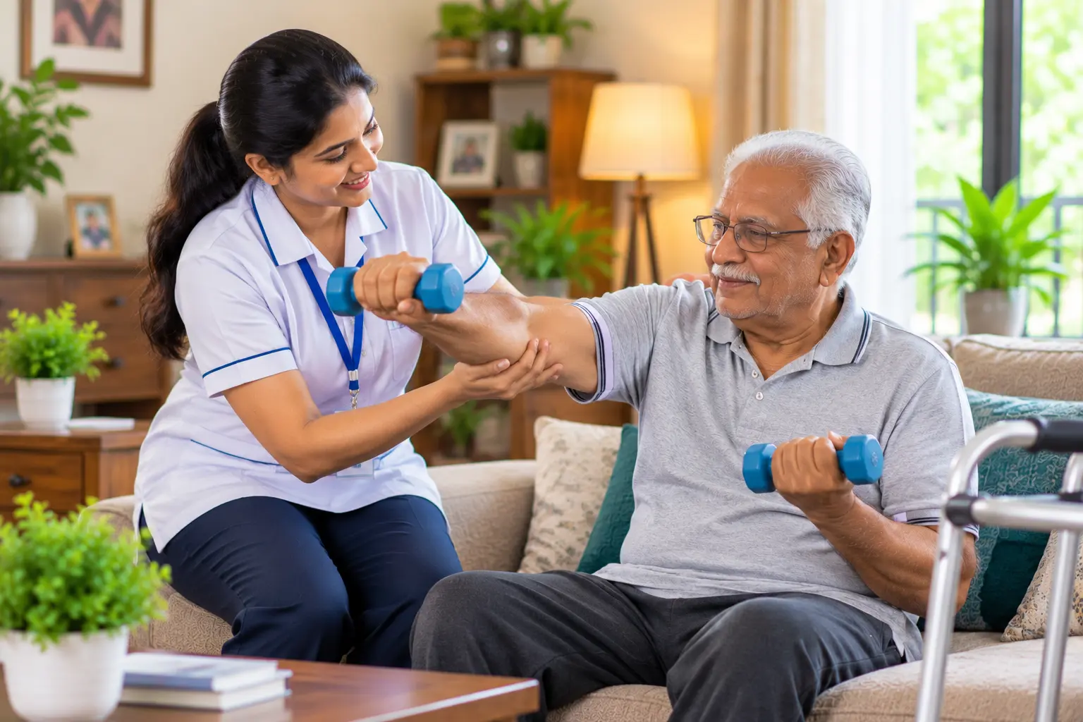 Physiotherapist assisting an elderly patient with rehabilitation exercises at home